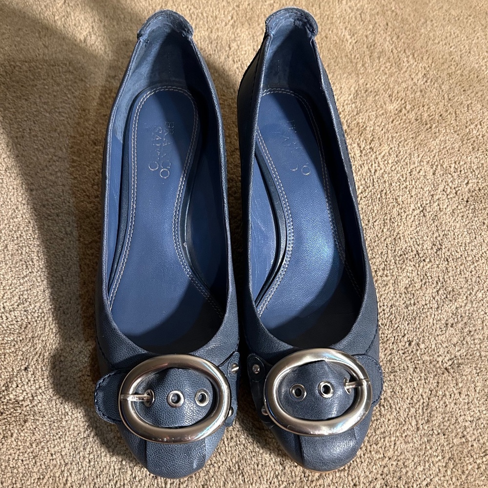 franco sarto light blue heels with buckle detail